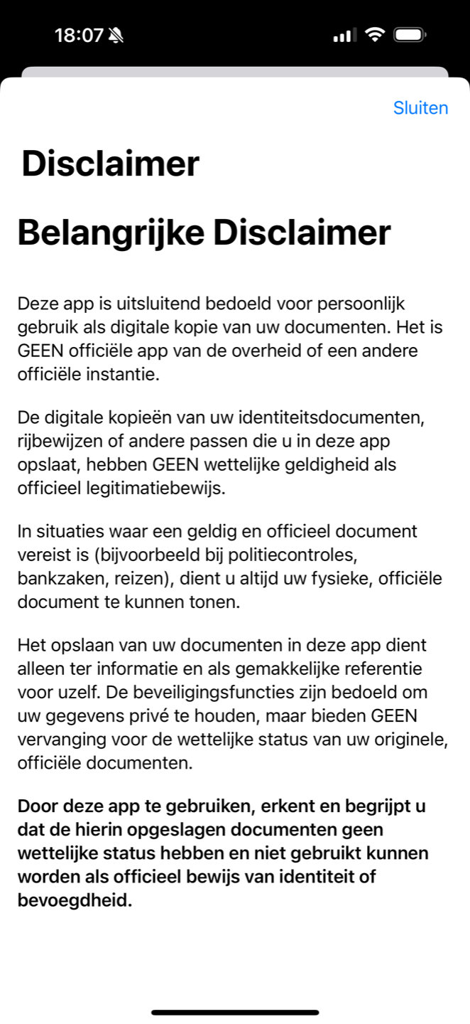 Disclaimer over persoonlijk gebruik van MobileID